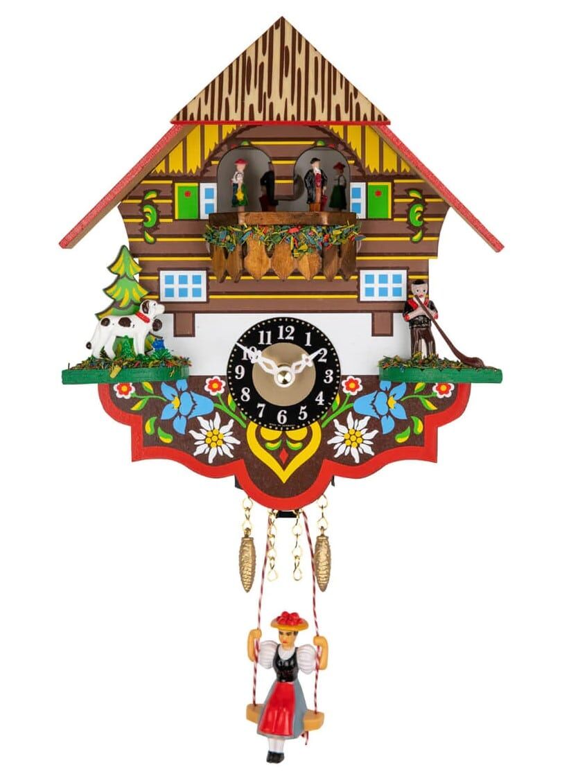 Chalet Clock With Swinging Girl And Alphorn Blower 0193 SQT