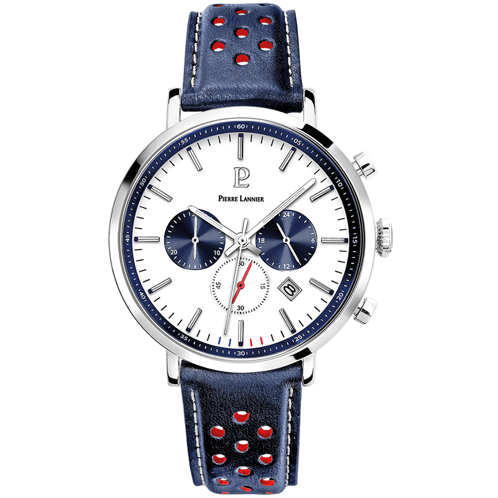 Pierre Lannier Men's Baron Watch White Dial with Blue Leather Strap - 219G106