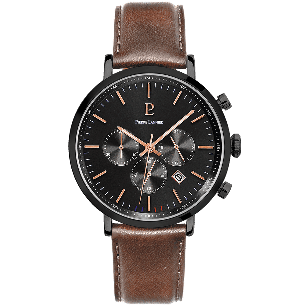 Pierre Lannier Men's Baron Watch Black Dial with Brown Leather Strap - 222G434