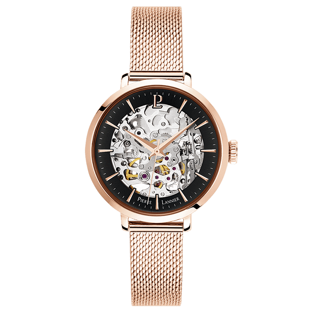 Pierre Lannier Women's Automatic Black Dial with Rose Gold Mesh Strap - 313B938