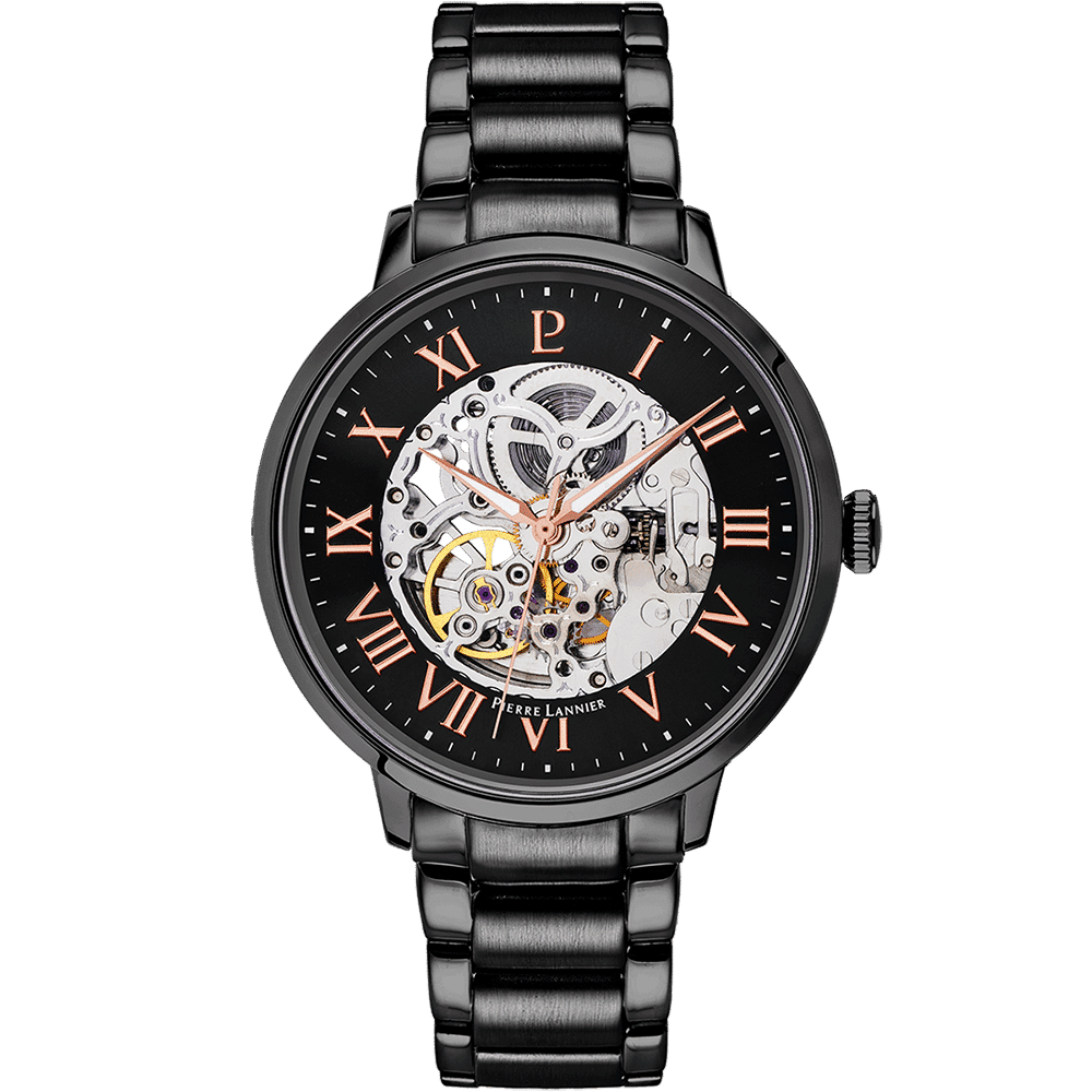 Pierre Lannier Men's Auto Watch Black Dial with Black Steel Strap - 316D439