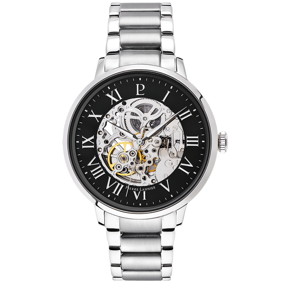 Pierre Lannier Men's Auto Watch Black Dial with Silver Steel Strap - 317B131