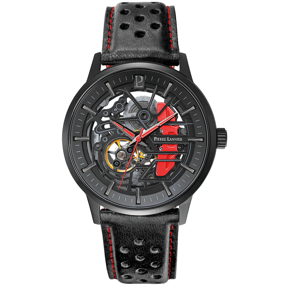 Pierre Lannier Men's Caliper Watch Black Dial with Black Leather Strap - 338A433