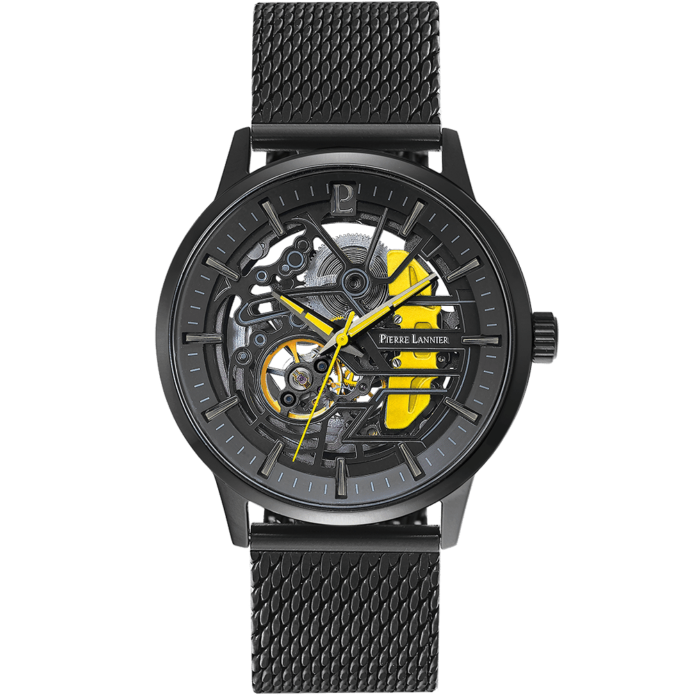 Caliper with black and yellow dial and black mesh strap – 338A449