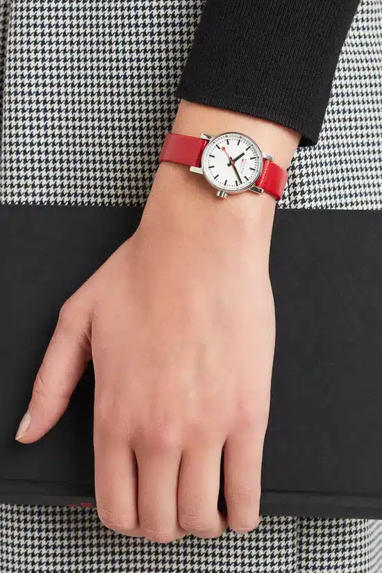 evo2 Mondaine Swiss Railway Petite Watch with 26mm Red vegan grape leather strap - Image 5