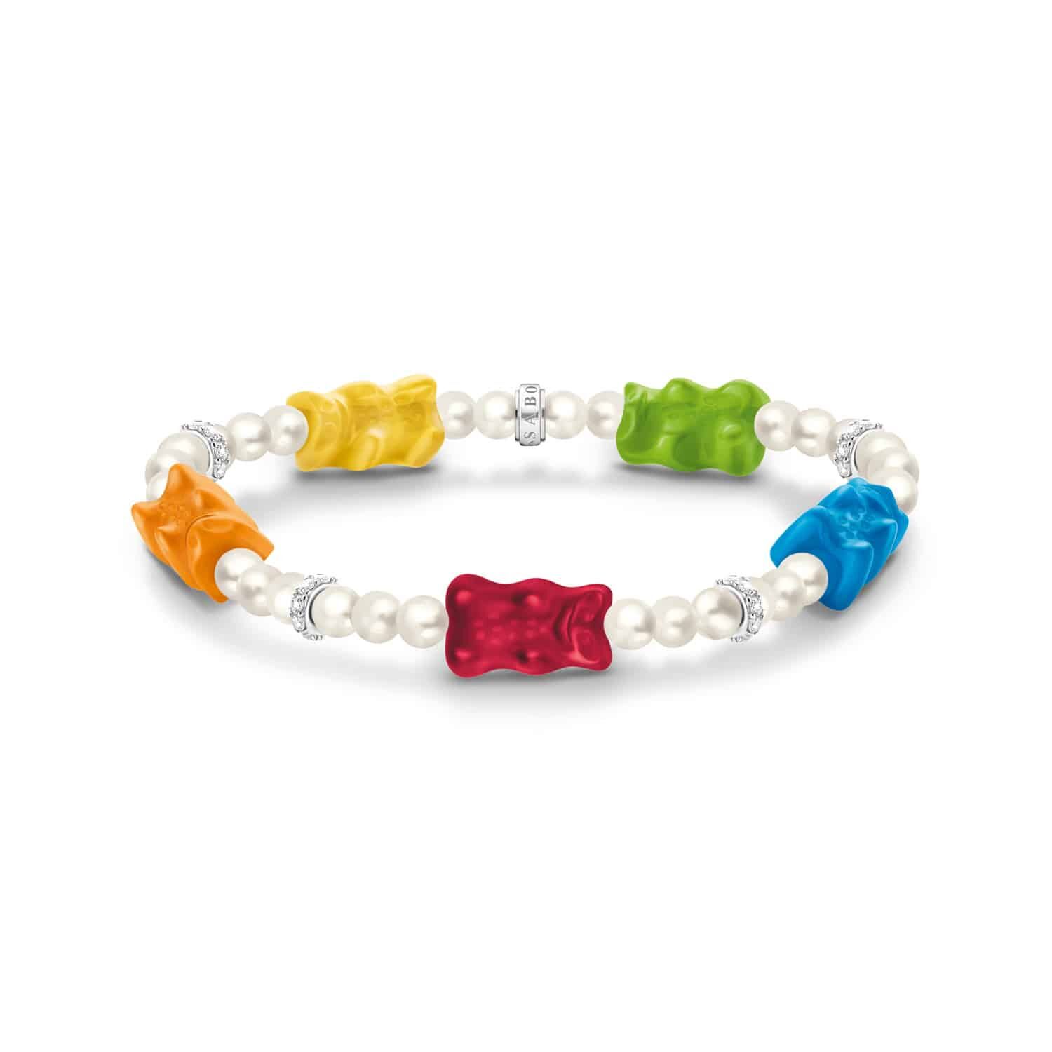 Pearl Bracelet with 5 Colourful Goldbears