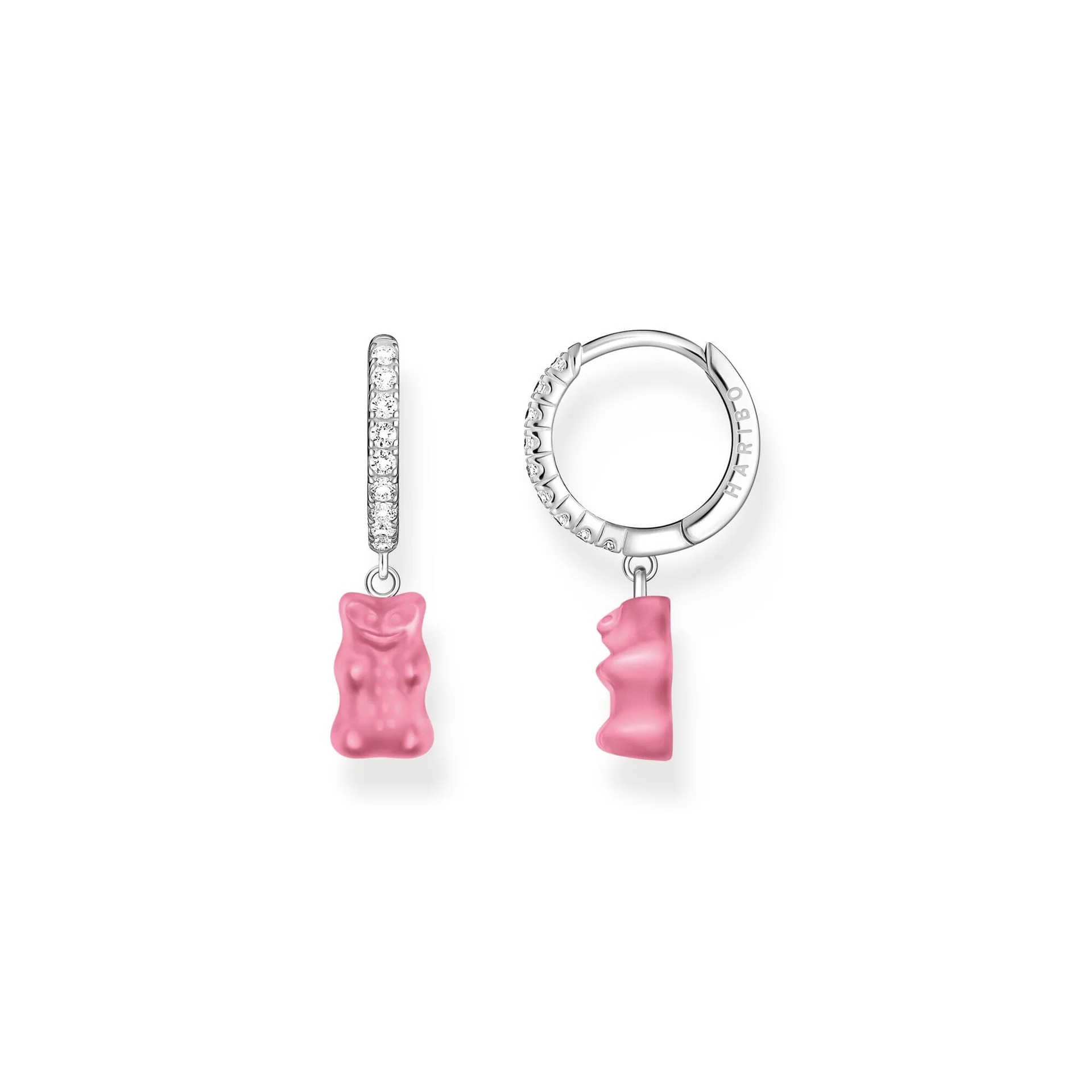 Hoop Pair of Earrings Set with Pink Goldbears Pendant & Zirconia