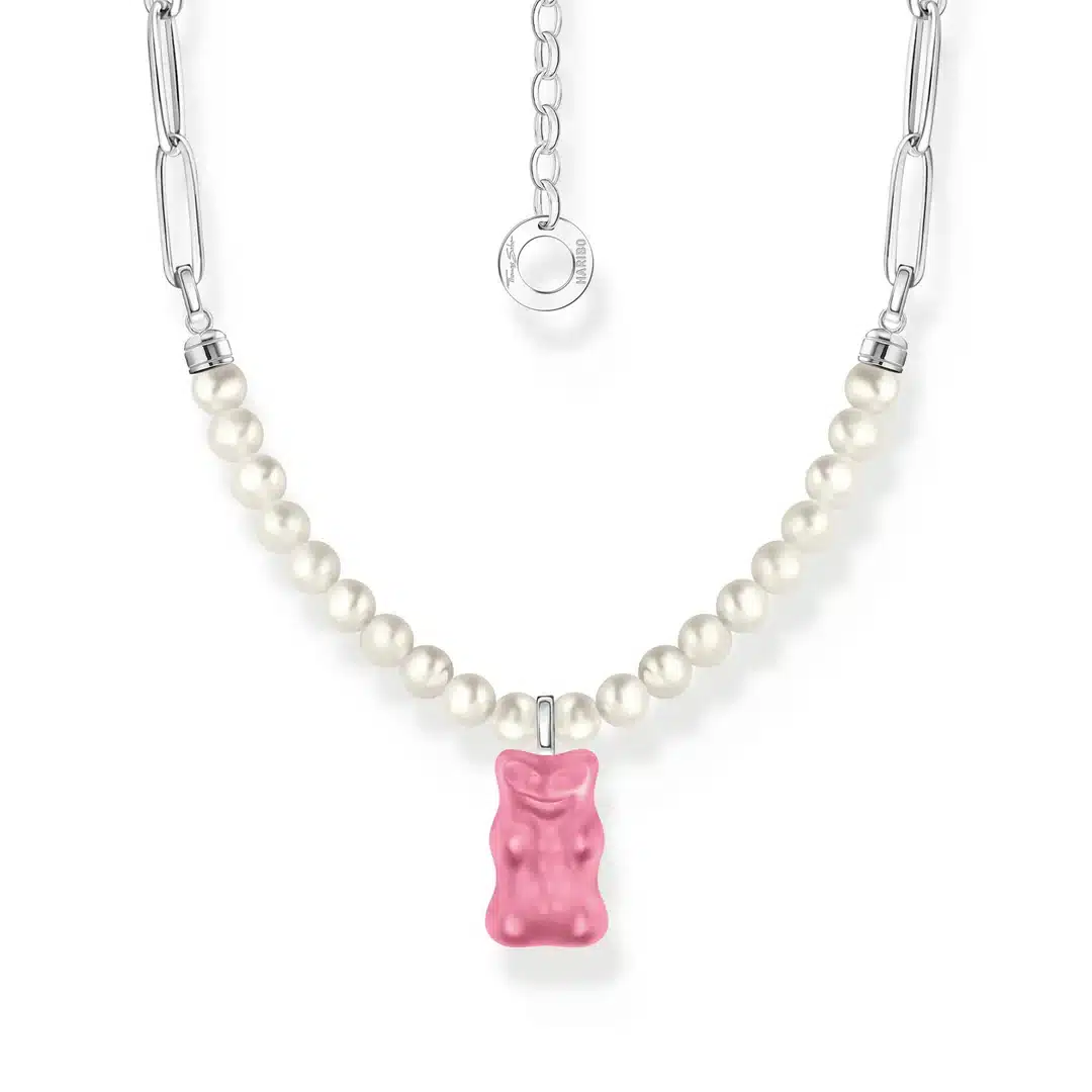 Silver Link necklace with Pink Goldbear & Freshwater Pearl