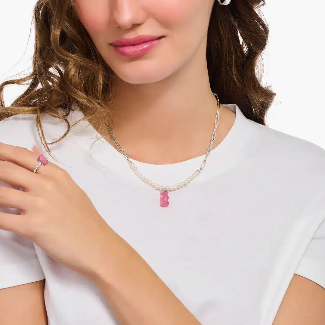 Silver Link necklace with Pink Goldbear & Freshwater Pearl - Image 2