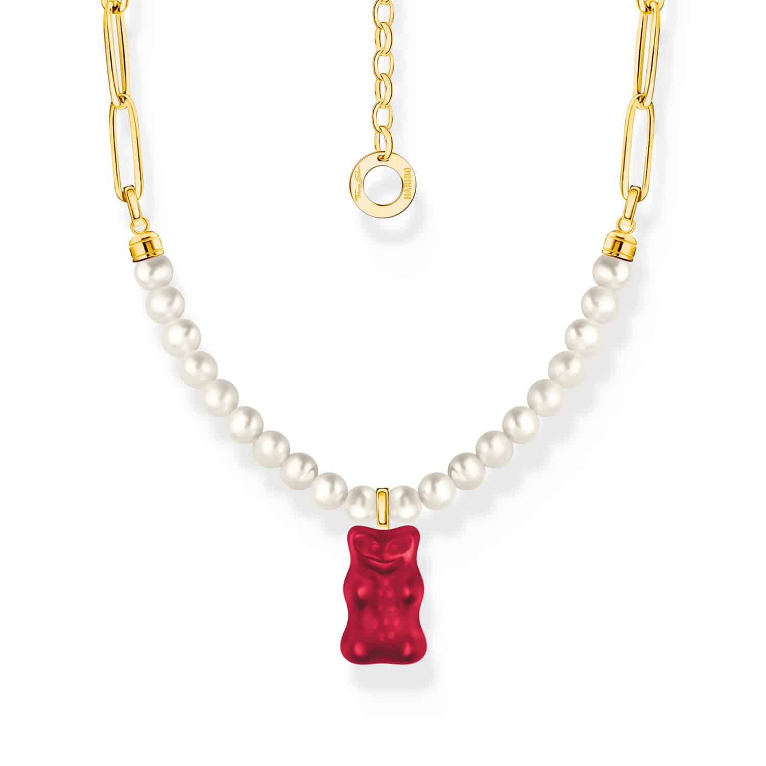 Gold-plated Link necklace with Strawberry Red Goldbear & Freshwater Pearl