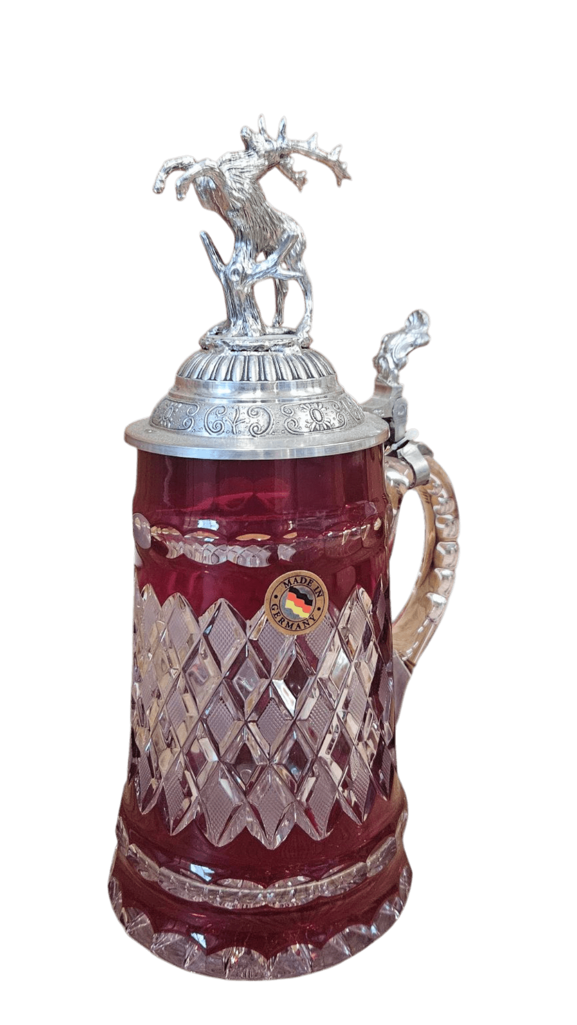 Lord of Crystal Red German Beer Stein with 3D Stag Lid