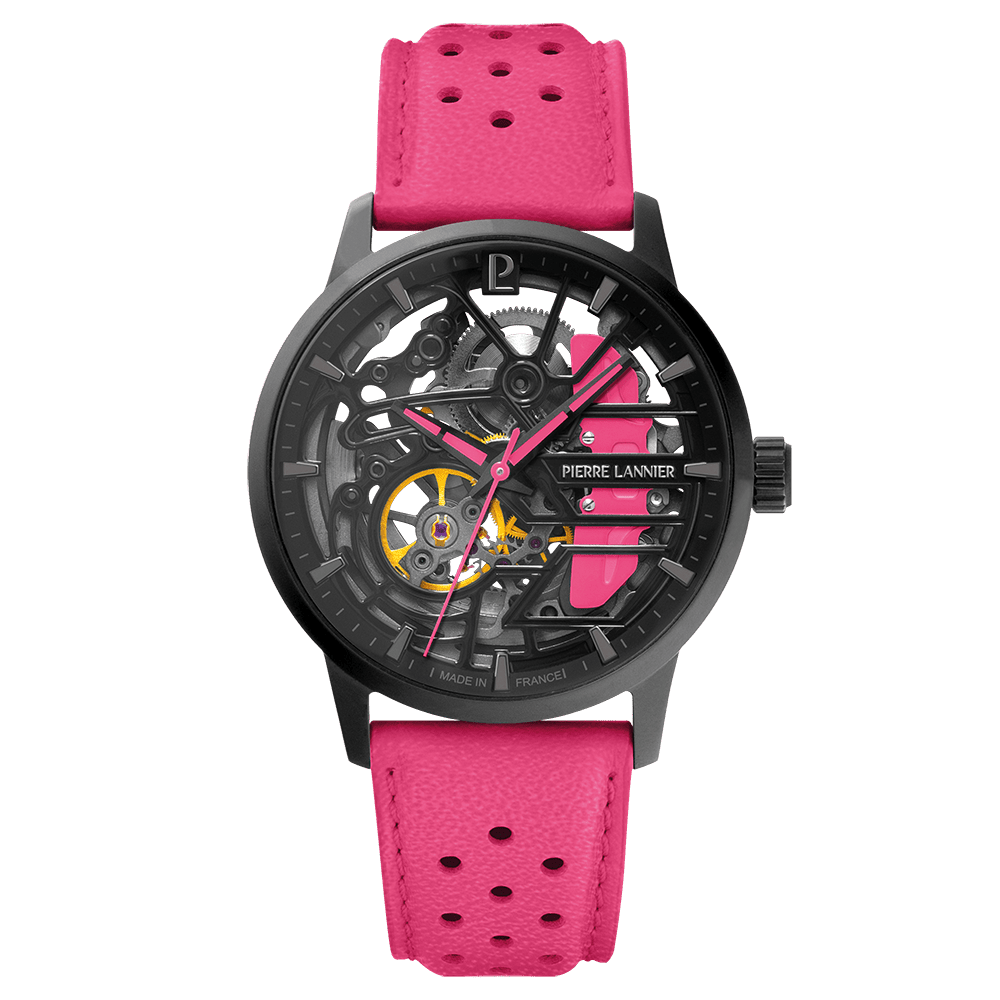 Caliper with black dial and fuschia pink leather strap -145G895