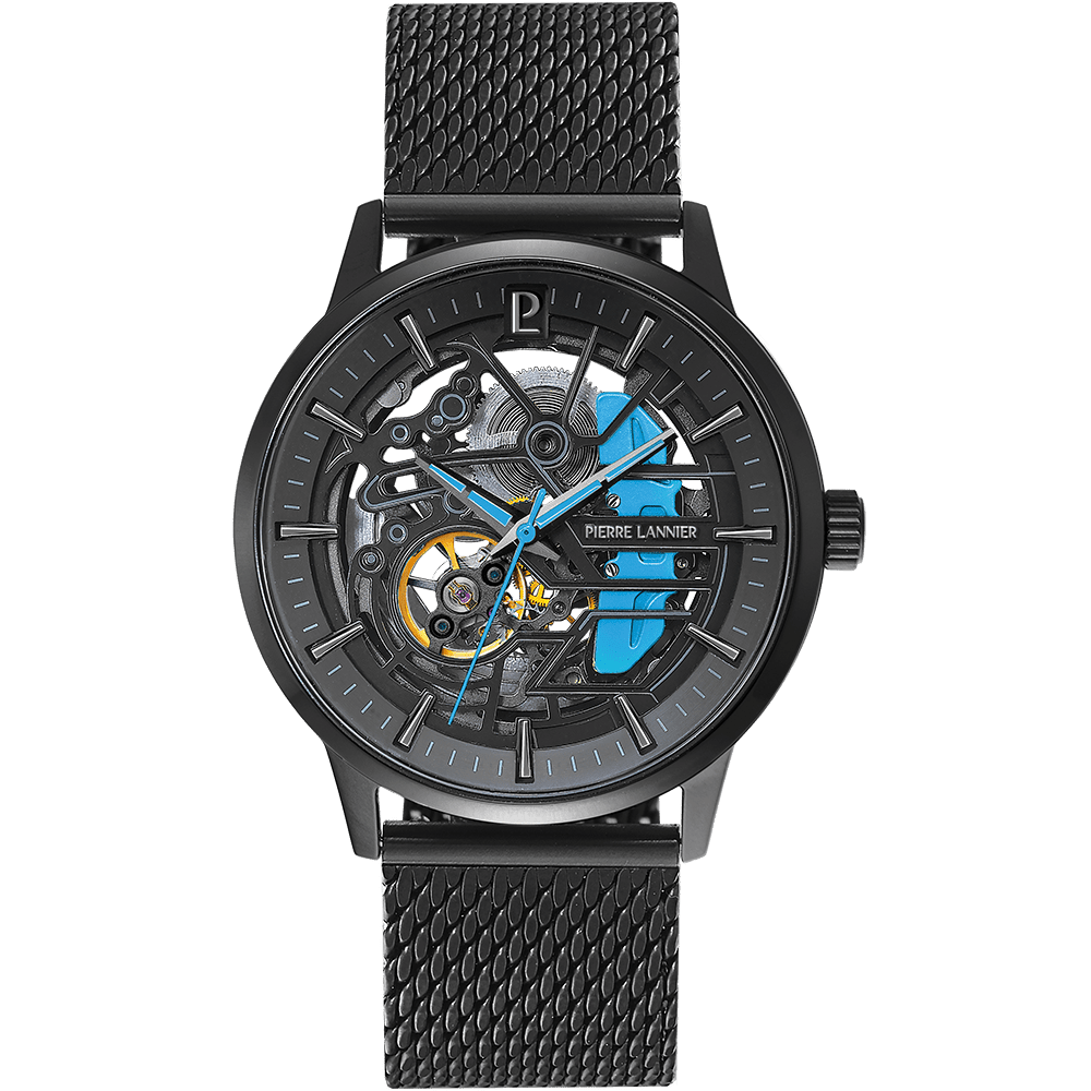 Caliper with black and blue dial and black mesh strap – 345A469