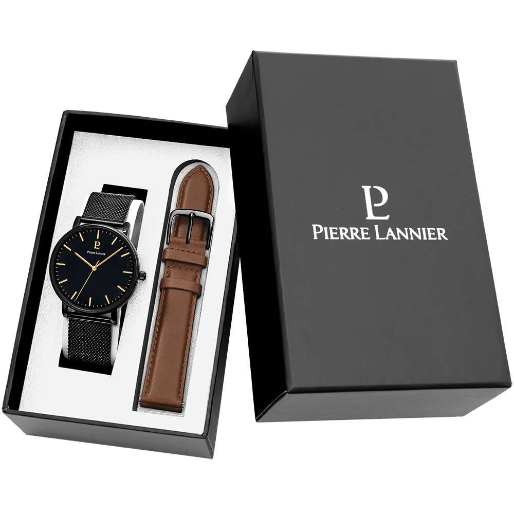 Men Set Essential Black Dial Brown Leather Strap - 388C439