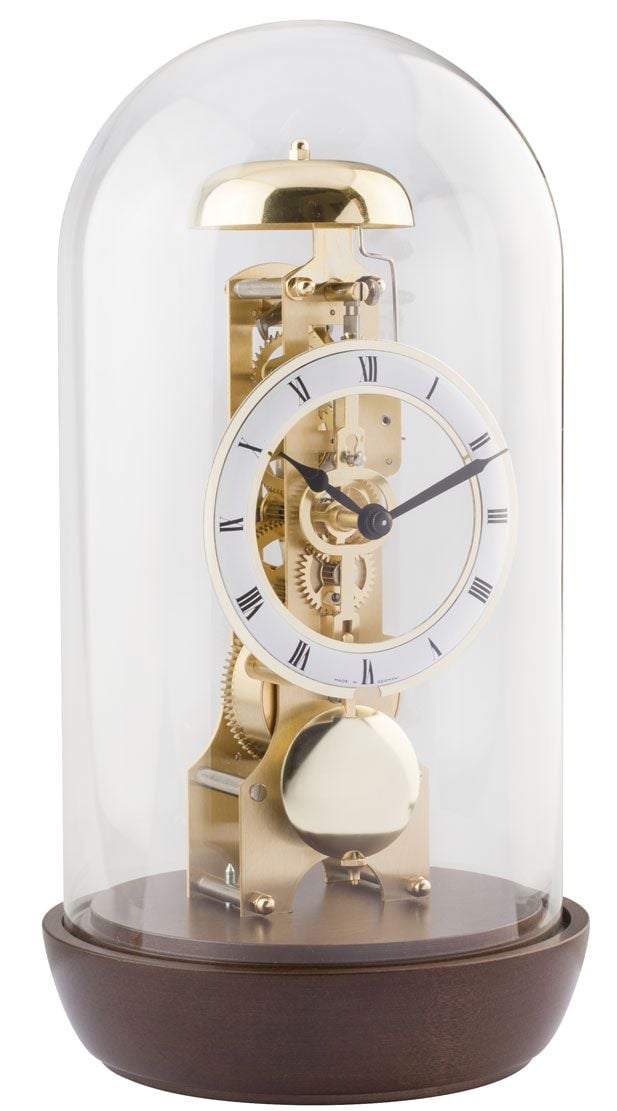 Walnut and brass skeleton mantle clock