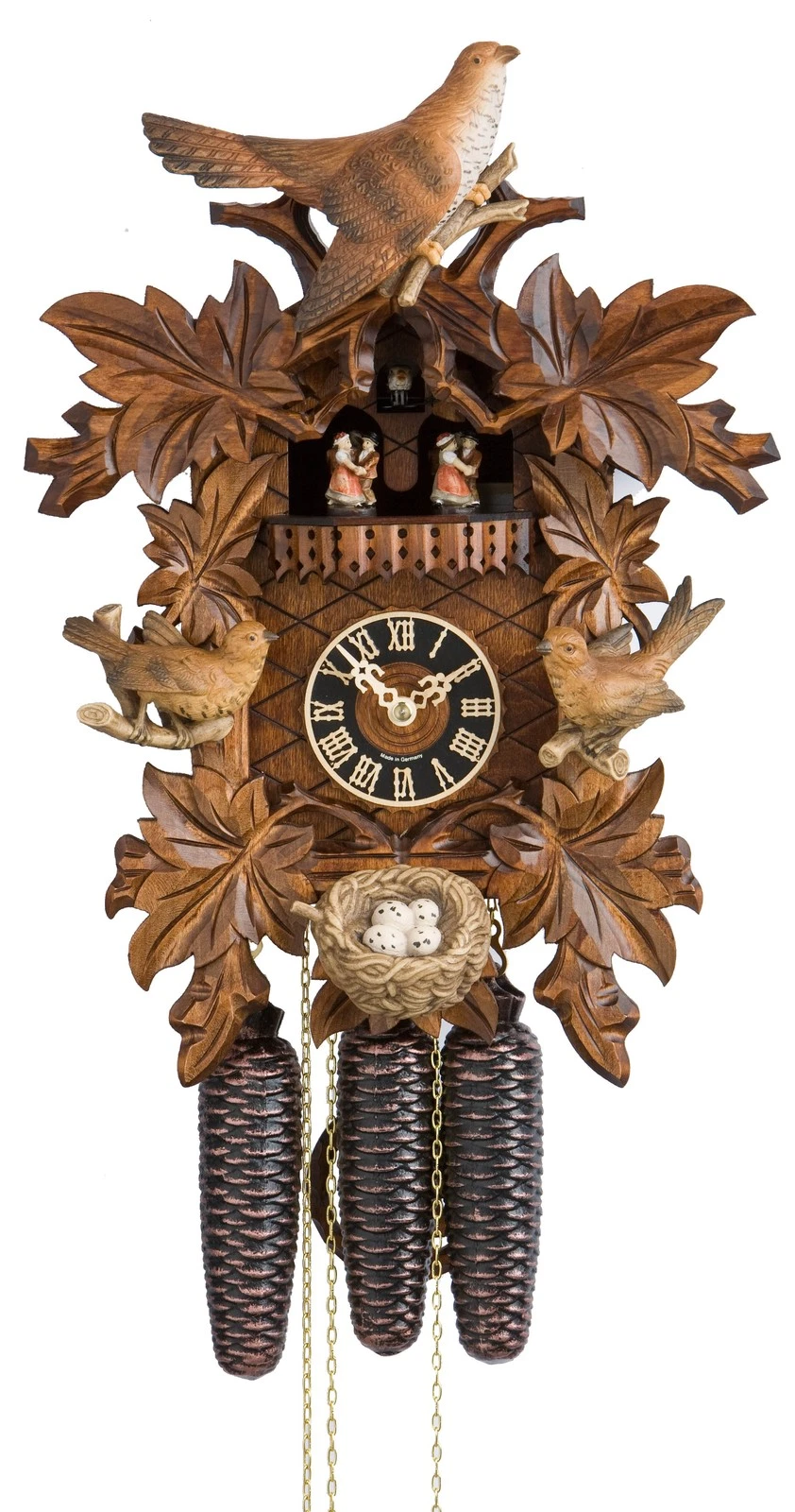 Hönes 86717‑4Tko Black Forest Cuckoo Clock with Leaves, Birds & Dancers