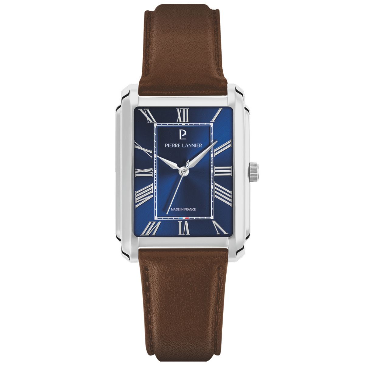 Pierre Lannier Empire Men's Quartz Watch, Silver, Blue Dial, Brown Leather Strap 212G164