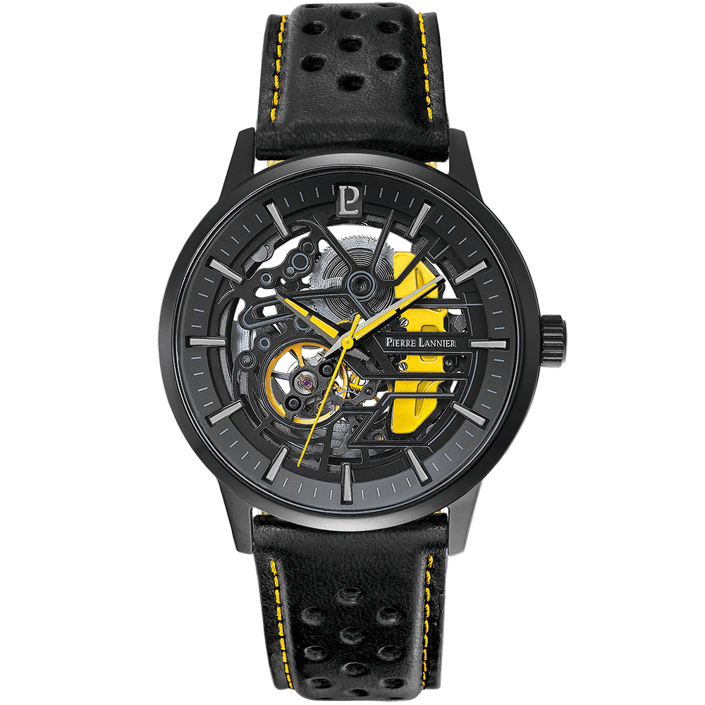 Caliper with black and yellow dial and leather strap - 338A443