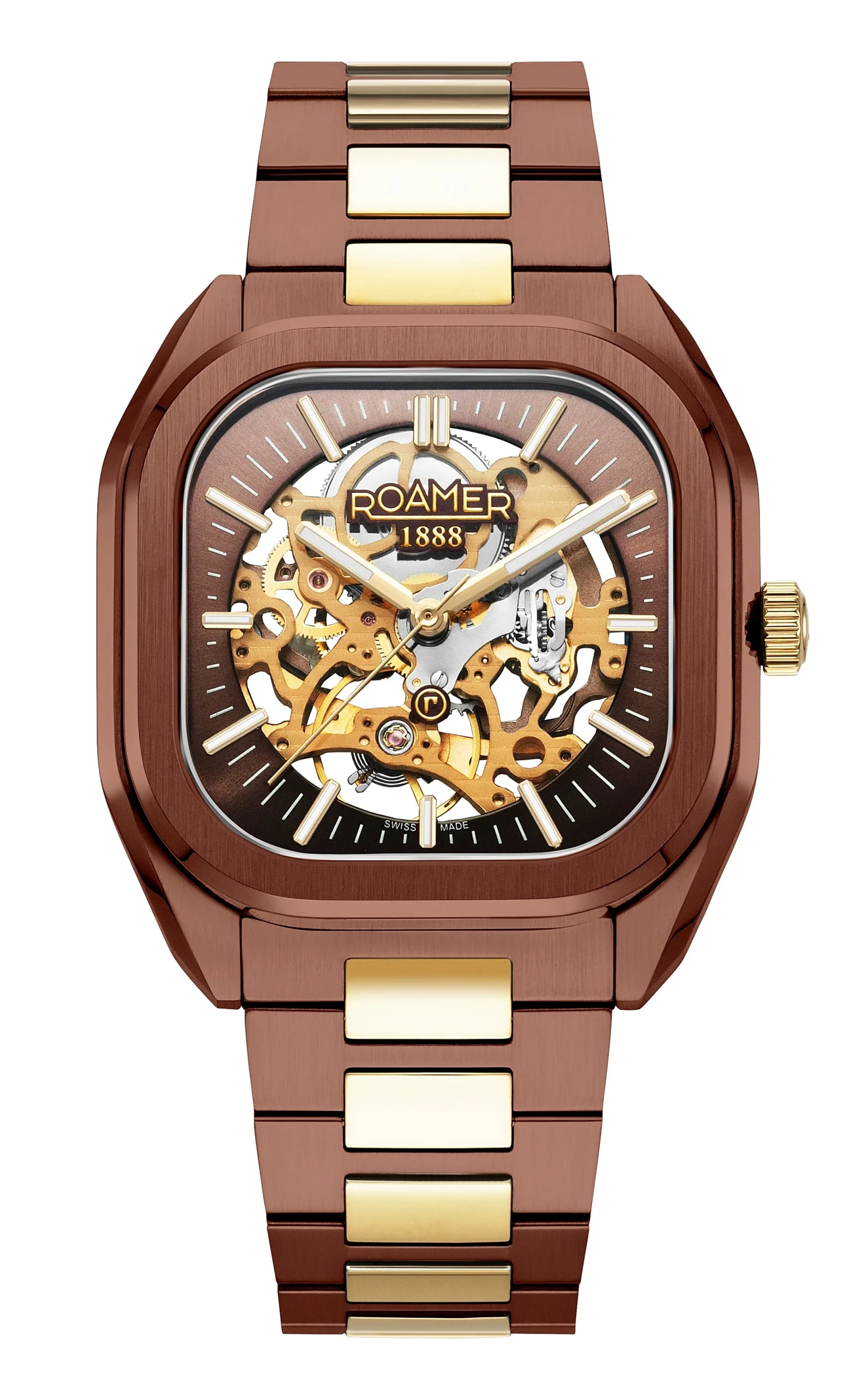 Roamer Mechano mens skeleton watch Brown and Gold 985986 43 65 20