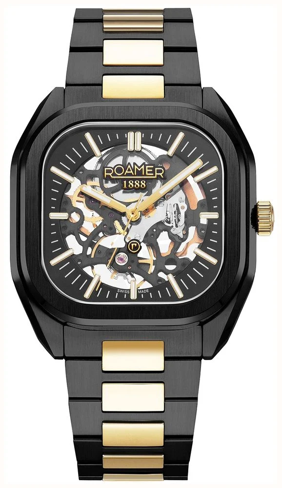 Roamer Mechano mens skeleton watch Black and Gold 985986 45 85 20