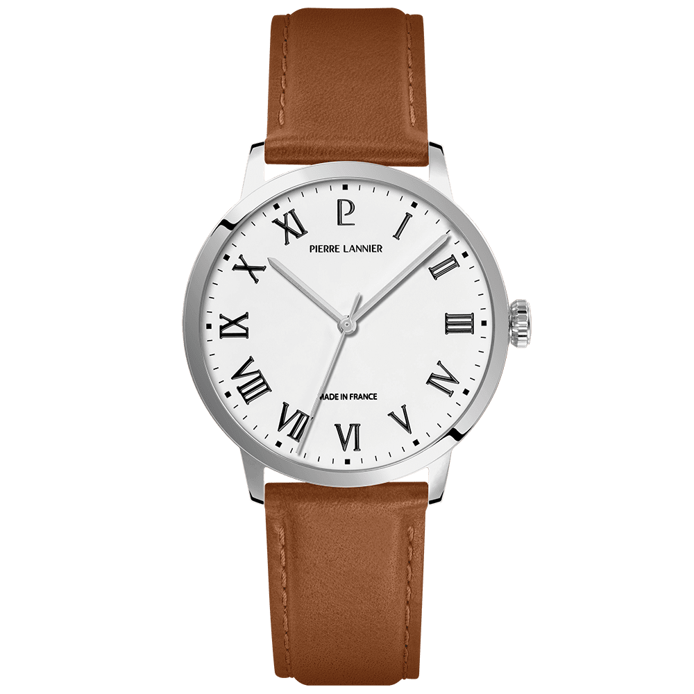 Pierre Lannier Interval Men's Quartz Watch, White Dial, Brown Leather Strap 255G104