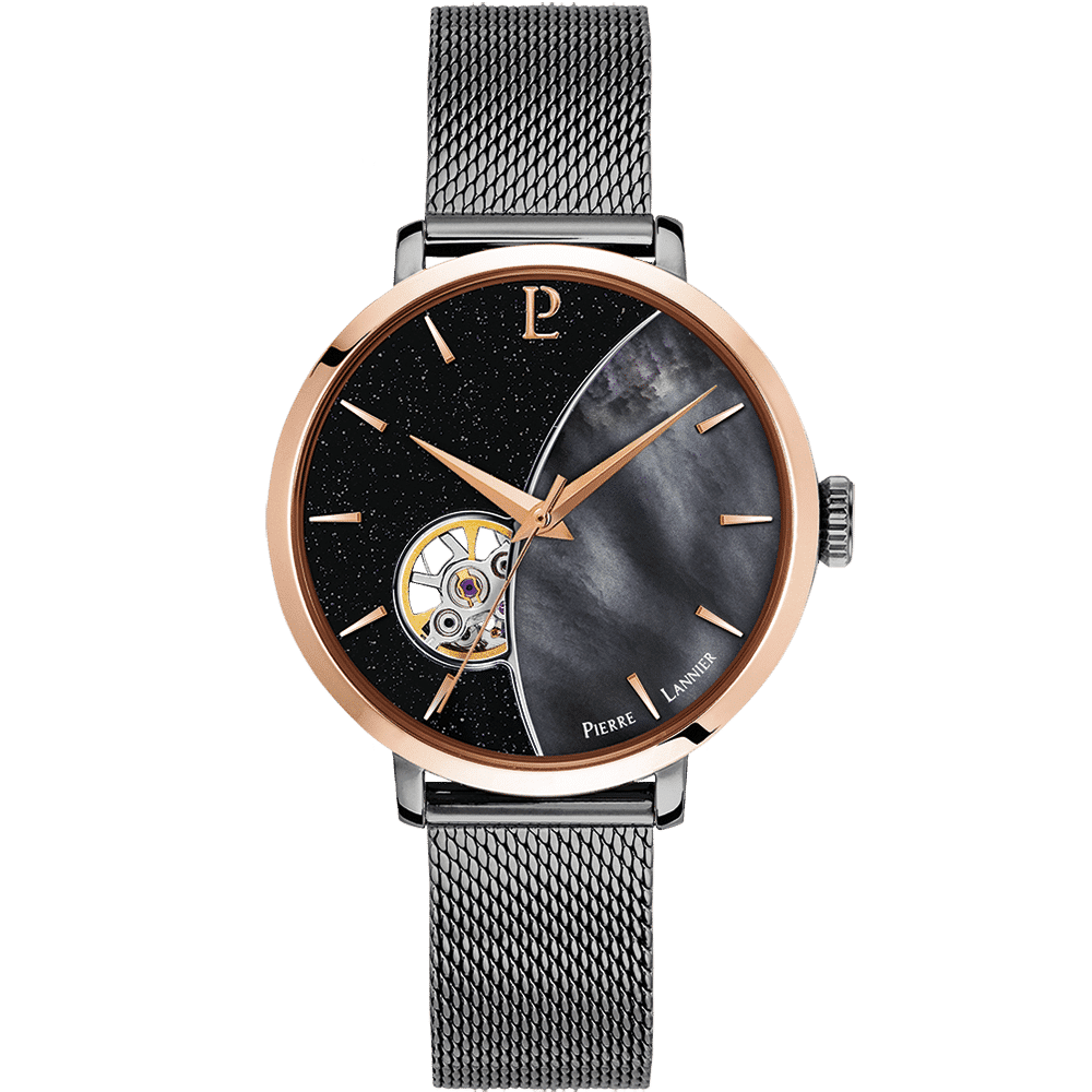 Pierre Lannier Women's Celeste Watch Black Dial with Grey Mesh Strap - 302F789