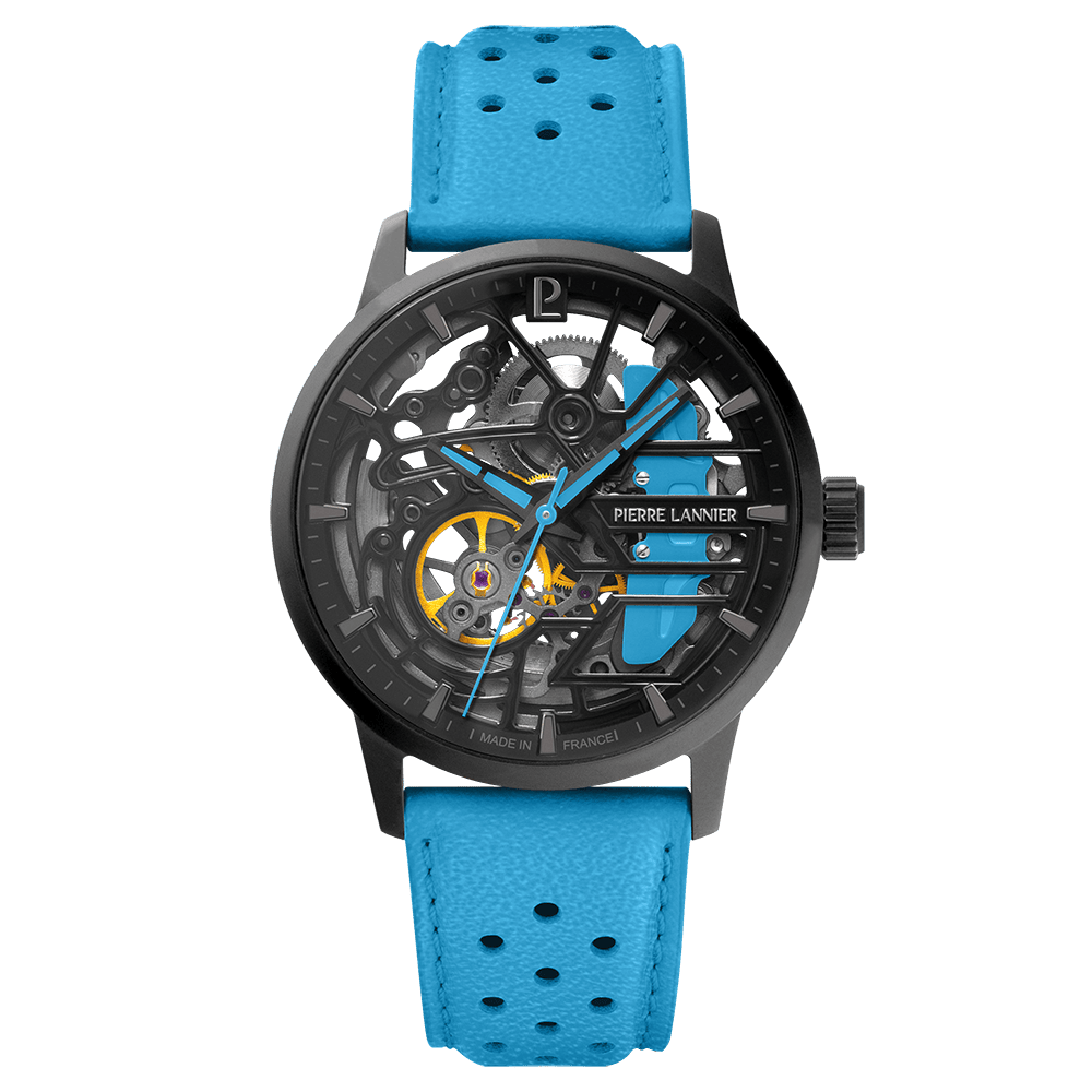 Caliper with black dial and blue leather strap -145G866