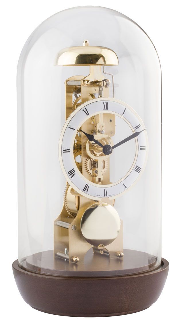 Walnut and brass skeleton mantle clock
